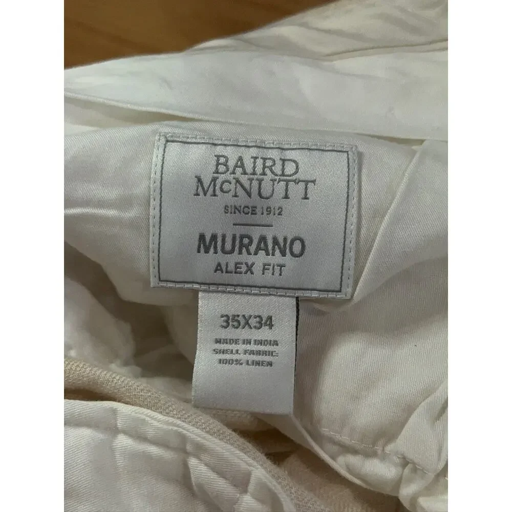 Baird McNutt Mens Beige Linen Murano Alex Fit Straight Leg Pants Sz 35x33